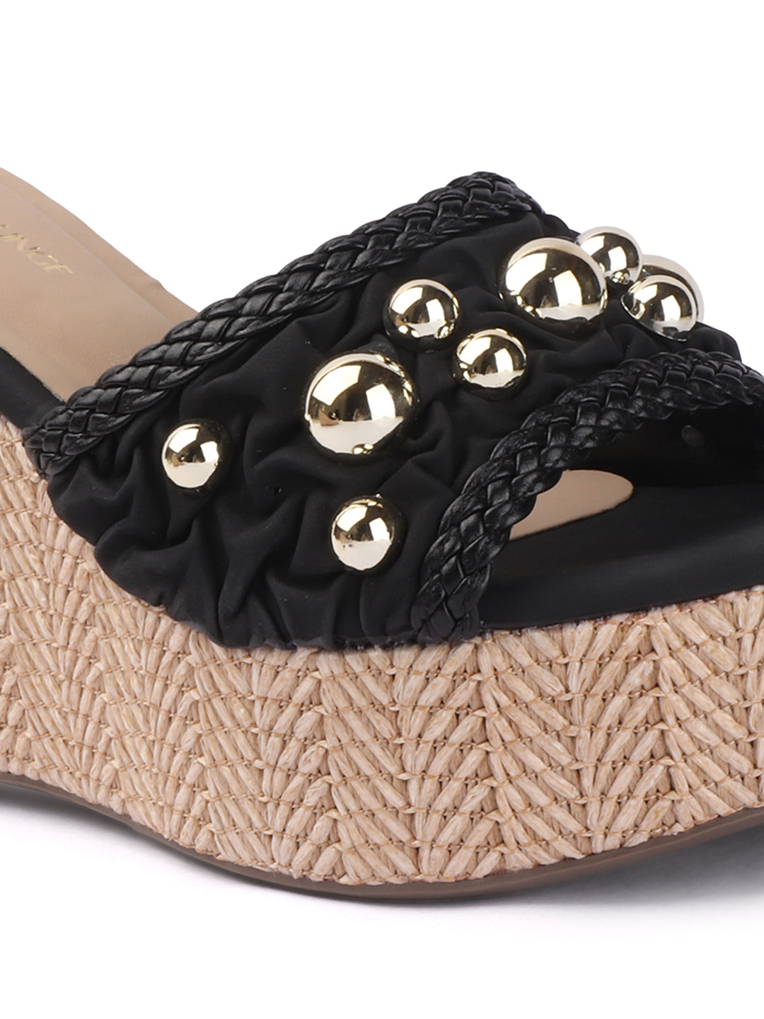 Studded Woven Wedge Mules
