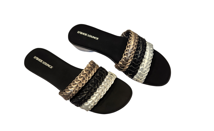Triple Braided Strap Mid Heel Slide Sandals