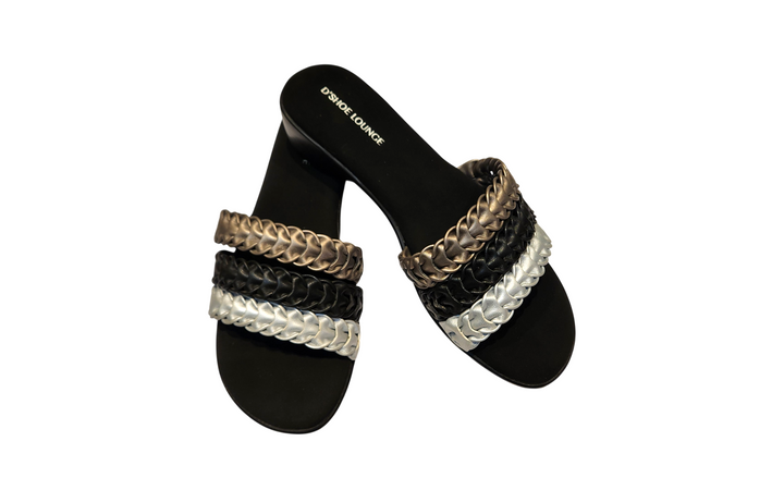 Triple Braided Strap Mid Heel Slide Sandals