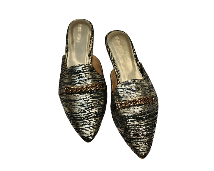 Textured Pointed Toe Slip-On Mules with Chain Detail