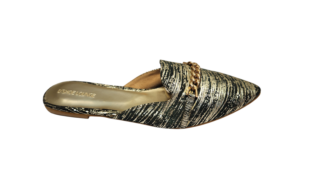 Textured Pointed Toe Slip-On Mules with Chain Detail