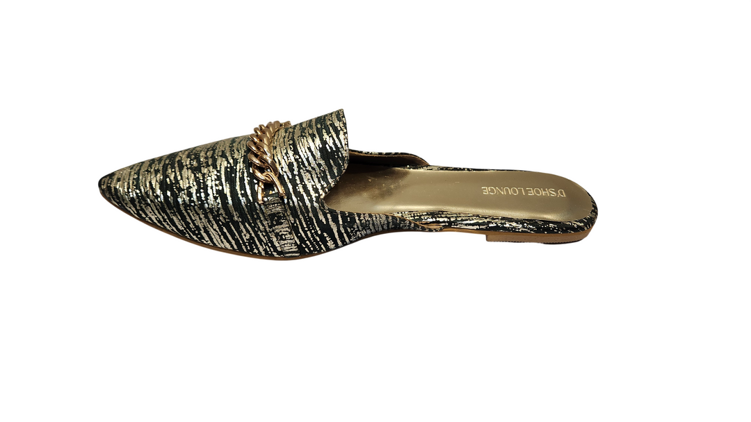 Textured Pointed Toe Slip-On Mules with Chain Detail