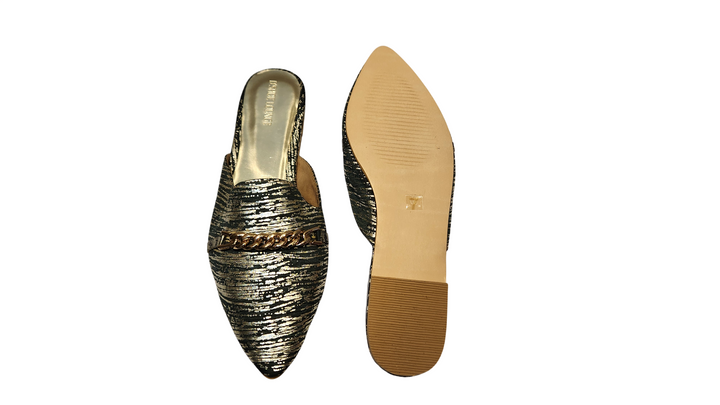 Textured Pointed Toe Slip-On Mules with Chain Detail