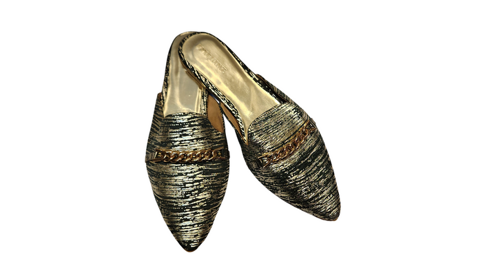 Textured Pointed Toe Slip-On Mules with Chain Detail