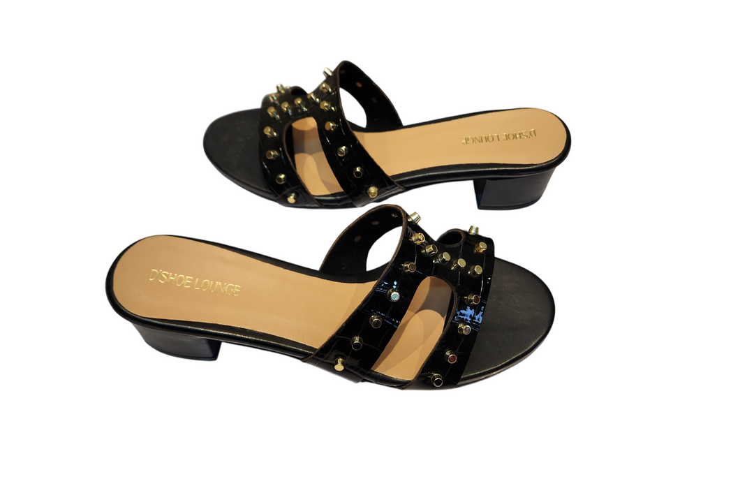 Studded Croco Texture Block Heel Slip-On Sandals
