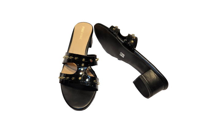 Studded Croco Texture Block Heel Slip-On Sandals