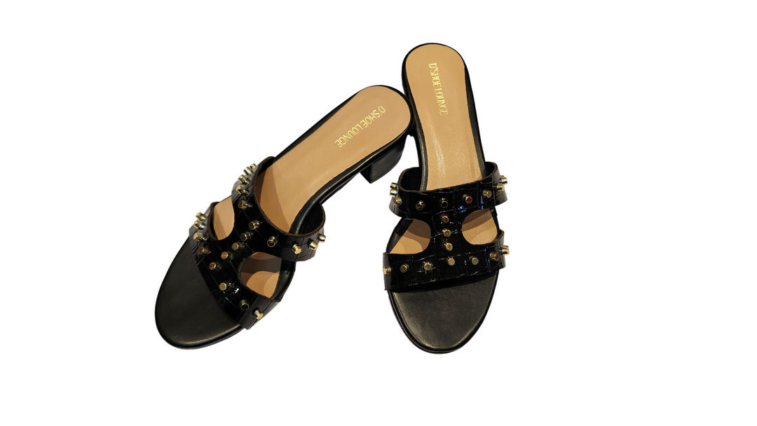 Studded Croco Texture Block Heel Slip-On Sandals