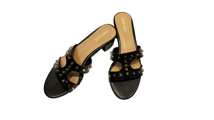 Studded Croco Texture Block Heel Slip-On Sandals
