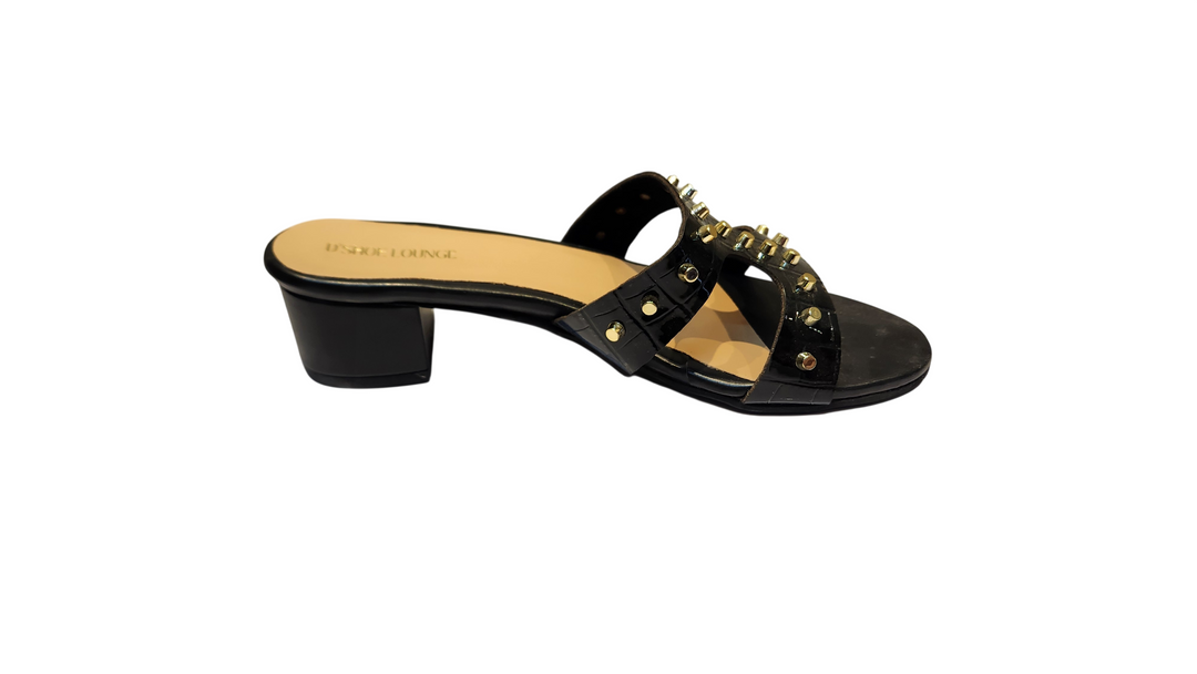 Studded Croco Texture Block Heel Slip-On Sandals
