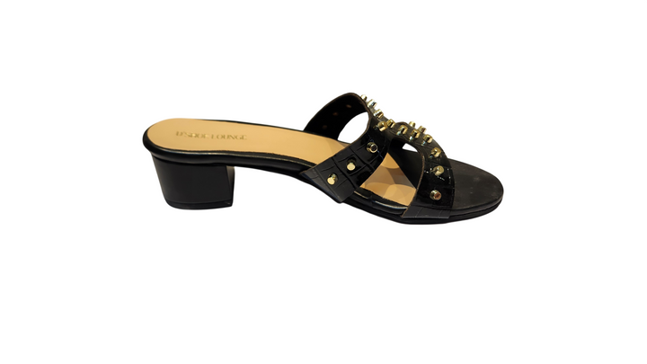 Studded Croco Texture Block Heel Slip-On Sandals