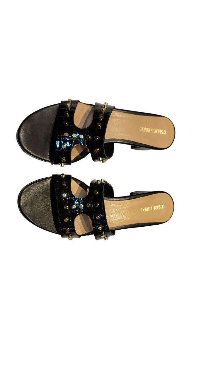 Studded Croco Texture Block Heel Slip-On Sandals