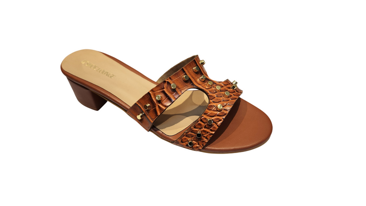 Studded Croco Texture Block Heel Slip-On Sandals
