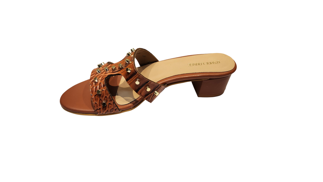 Studded Croco Texture Block Heel Slip-On Sandals