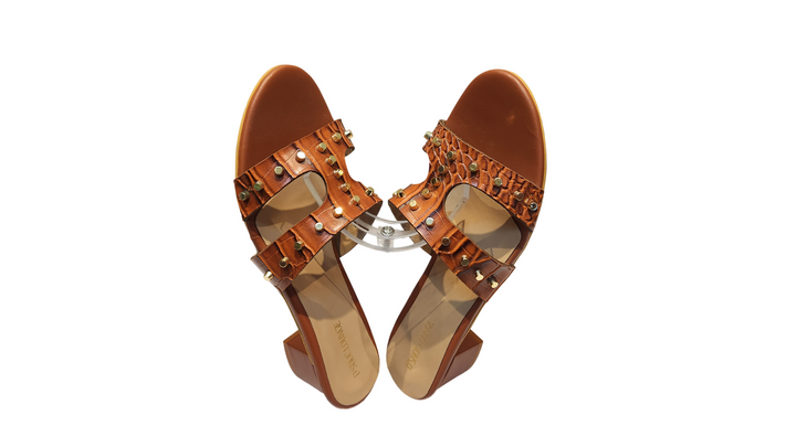 Studded Croco Texture Block Heel Slip-On Sandals