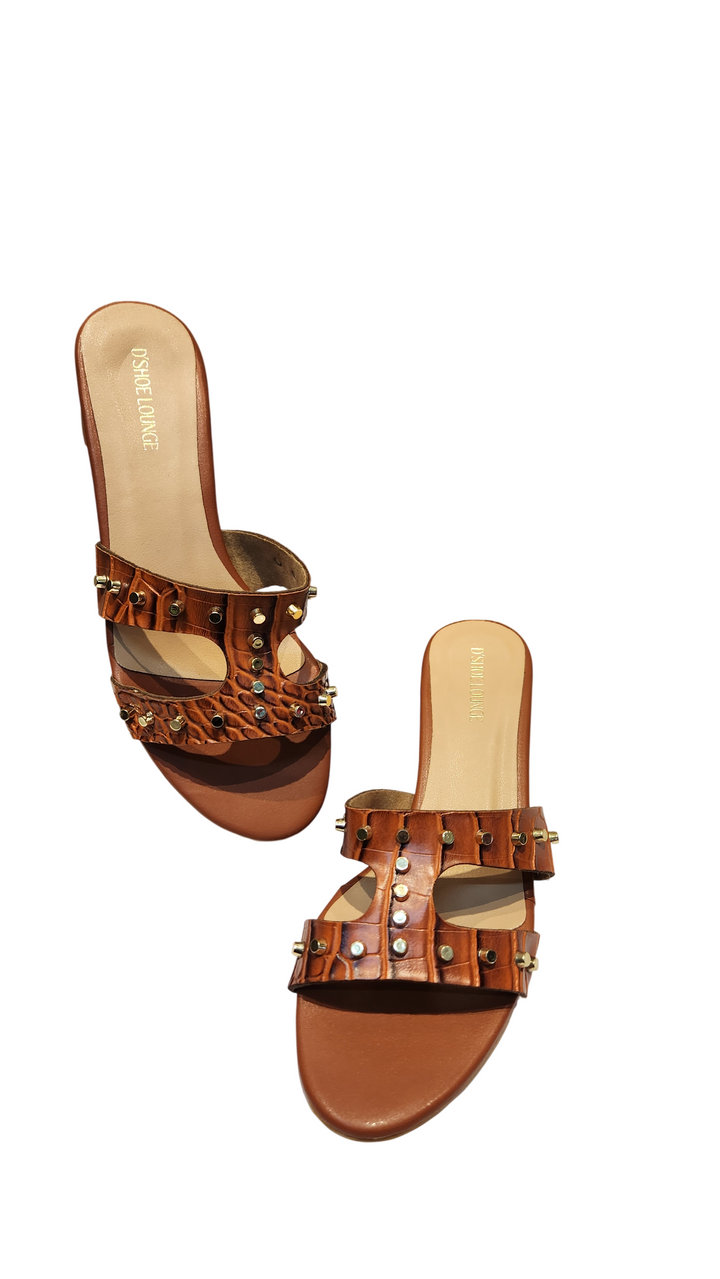 Studded Croco Texture Block Heel Slip-On Sandals