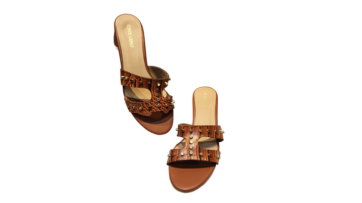Studded Croco Texture Block Heel Slip-On Sandals