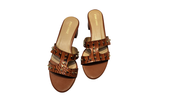 Studded Croco Texture Block Heel Slip-On Sandals