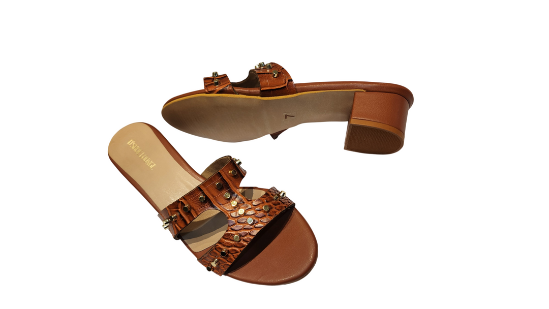 Studded Croco Texture Block Heel Slip-On Sandals