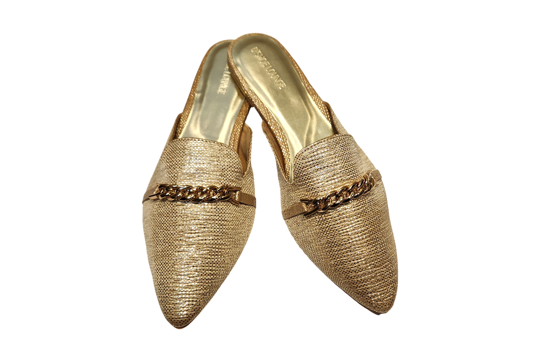 Textured Pointed Toe Slip-On Mules with Chain Detail