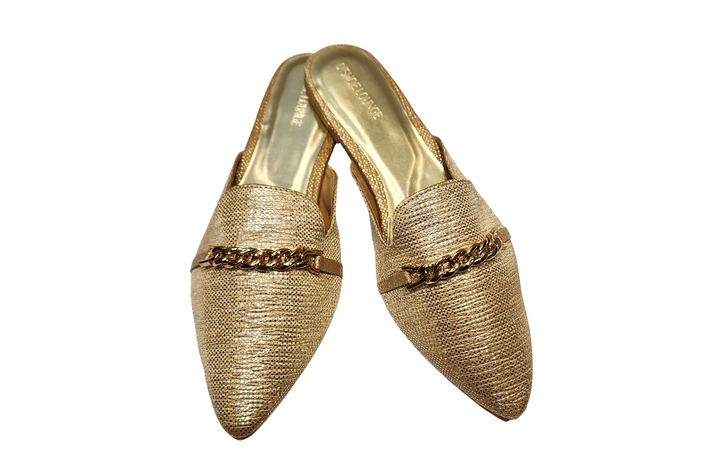 Textured Pointed Toe Slip-On Mules with Chain Detail