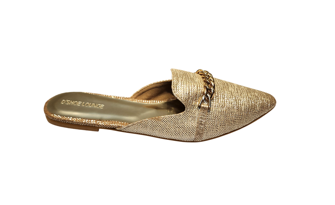 Textured Pointed Toe Slip-On Mules with Chain Detail