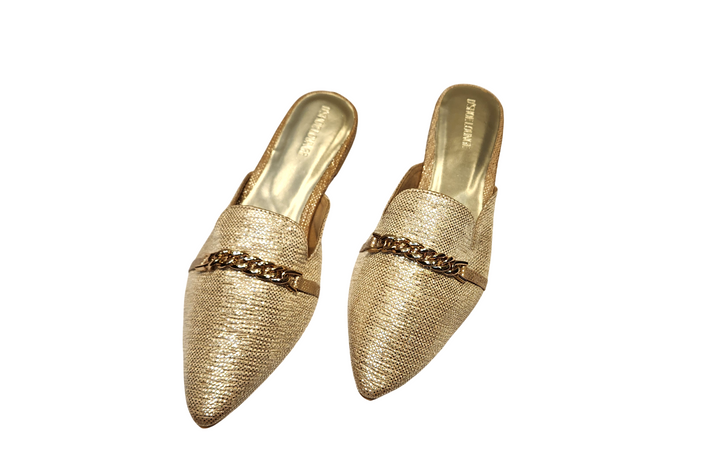 Textured Pointed Toe Slip-On Mules with Chain Detail