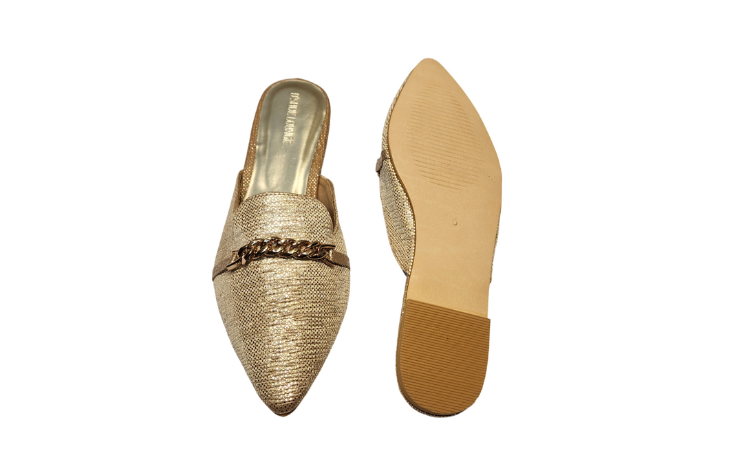 Textured Pointed Toe Slip-On Mules with Chain Detail
