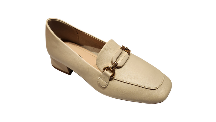 Classic Loafer Block Heel Pumps with Metal Chain Detail