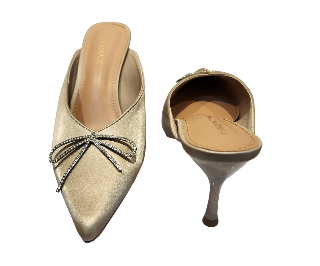 Rhinestone Bow Pointed Toe Mule Heels