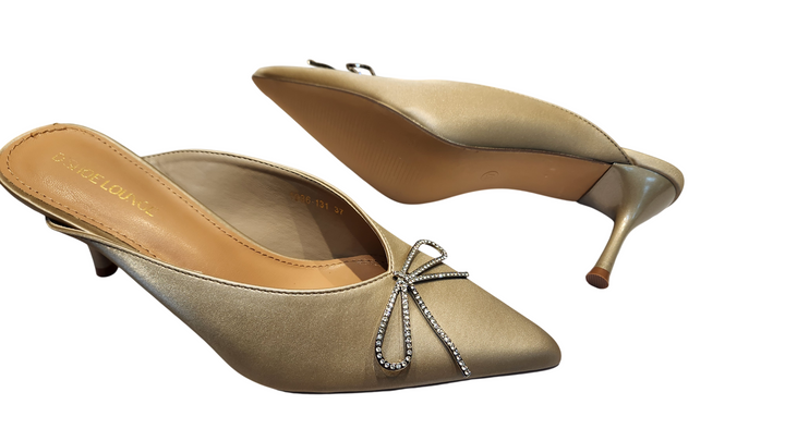 Rhinestone Bow Pointed Toe Mule Heels