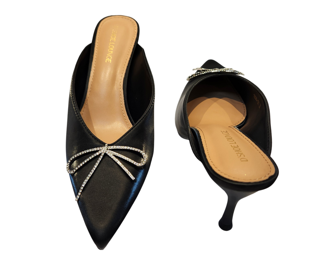 Rhinestone Bow Pointed Toe Mule Heels