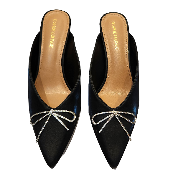 Rhinestone Bow Pointed Toe Mule Heels