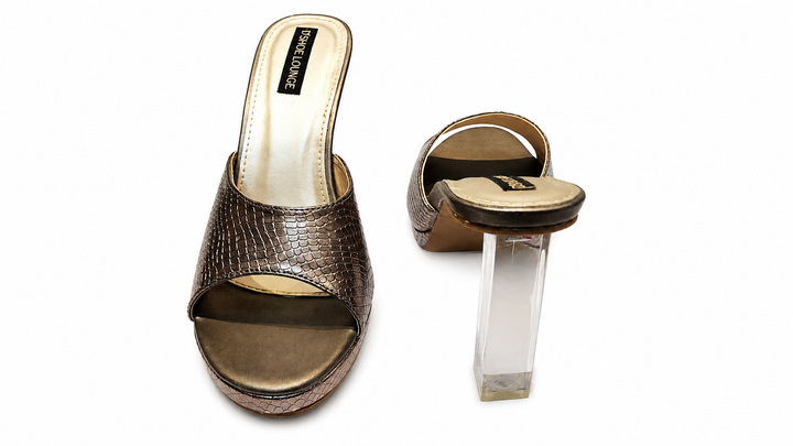 Metallic Bronze Transparent Block Heel Mules