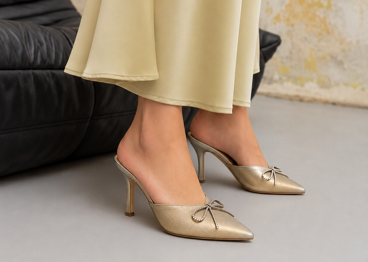 Rhinestone Bow Pointed Toe Mule Heels