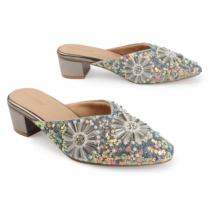 Embellished Champagne Block Heel Mules
