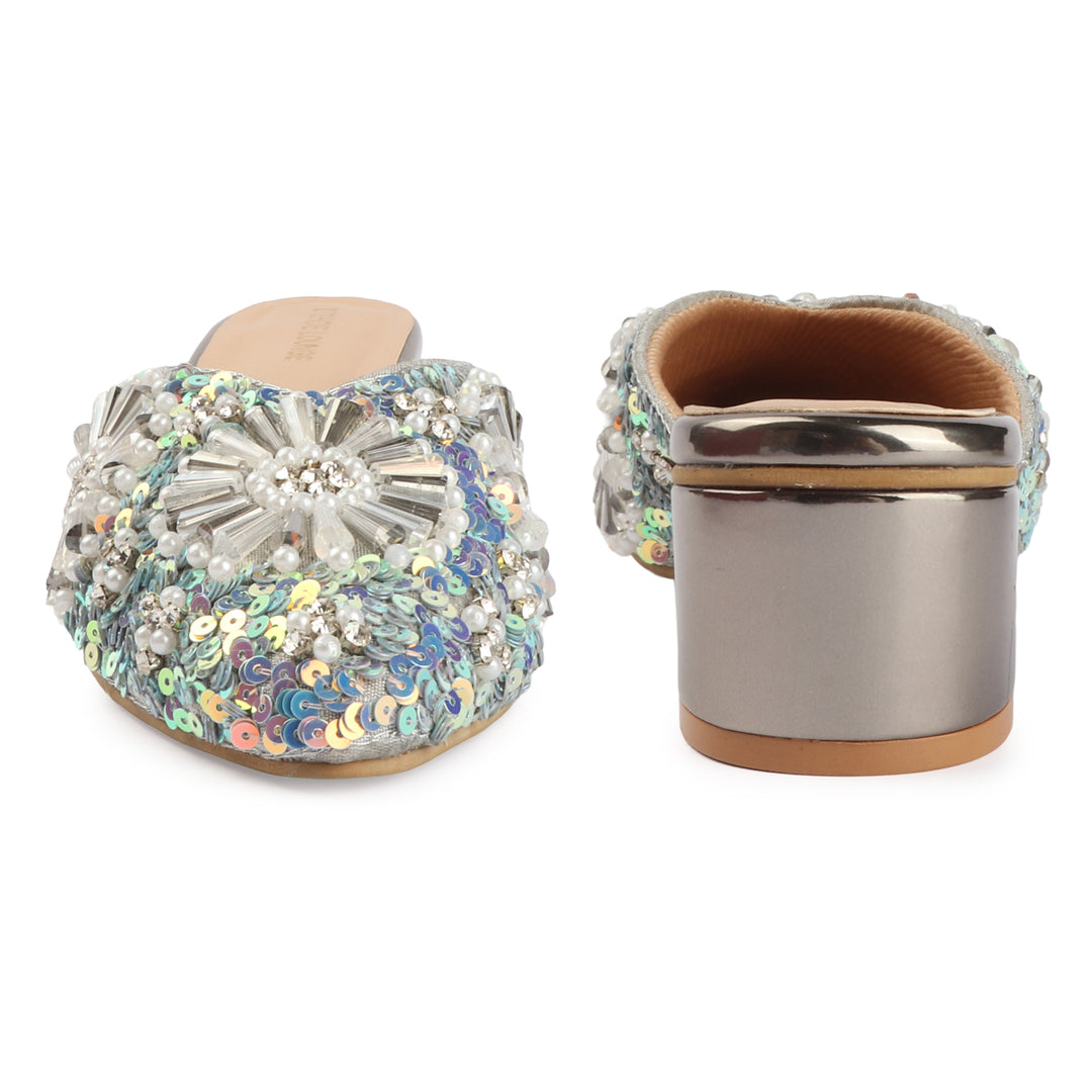 Embellished Champagne Block Heel Mules