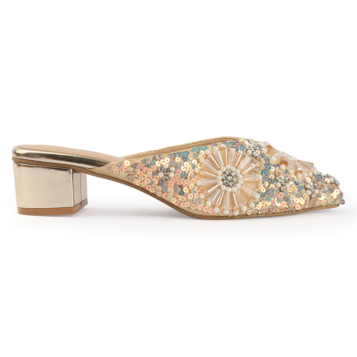 Embellished Champagne Block Heel Mules