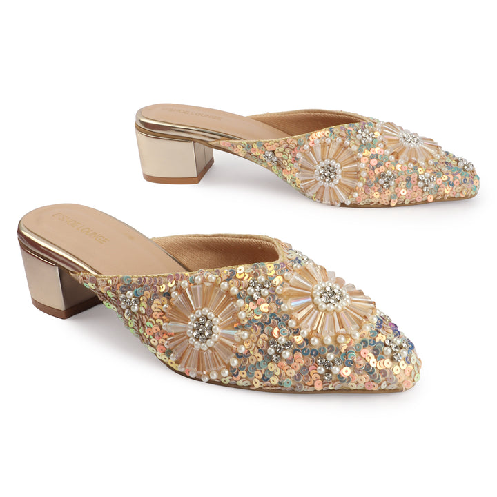 Embellished Champagne Block Heel Mules