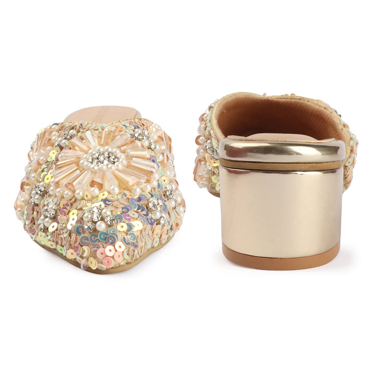 Embellished Champagne Block Heel Mules