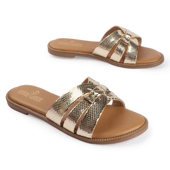 Gold Textured Cross-Strap Flat