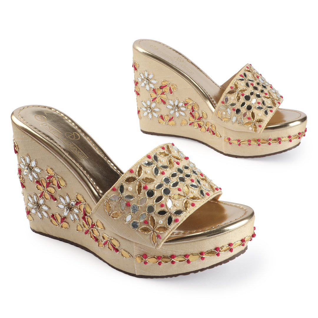 Mirror Embellished Wedge Sandals