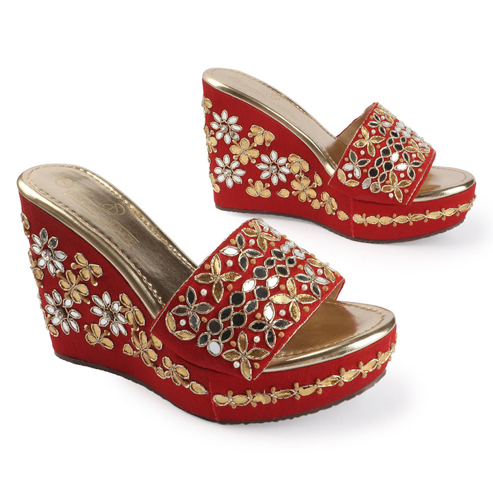 Mirror Embellished Wedge Sandals