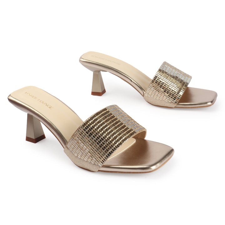 Metallic Grid Mule Heels