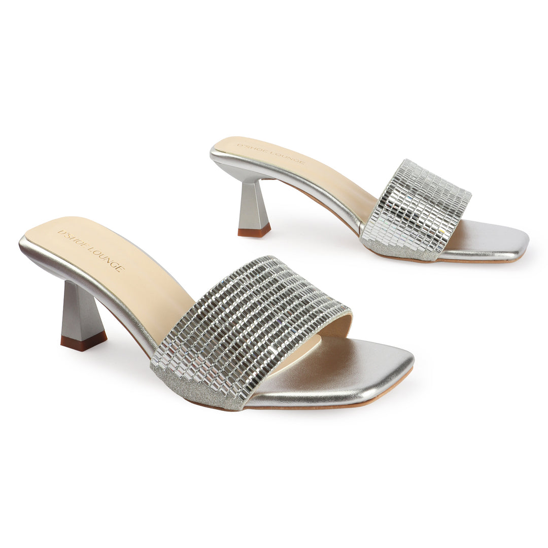 Metallic Grid Mule Heels