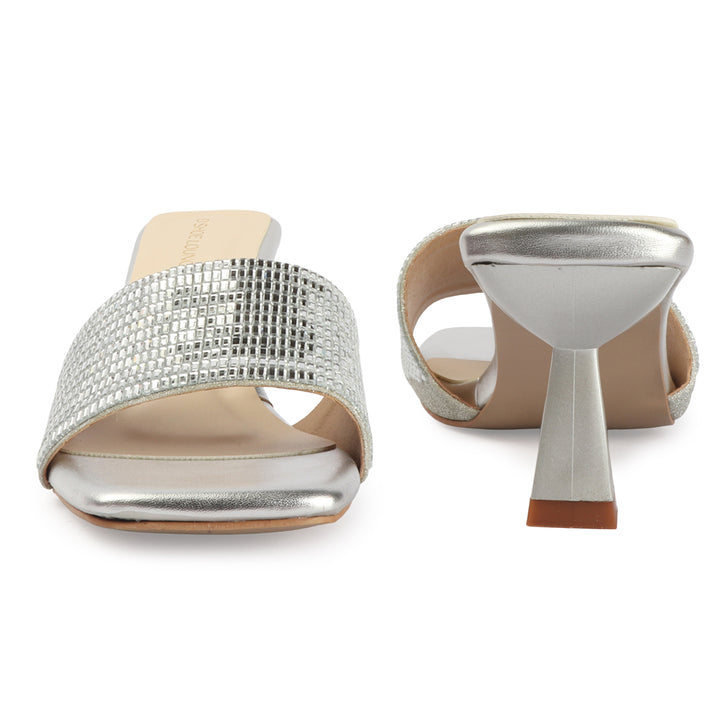 Metallic Grid Mule Heels