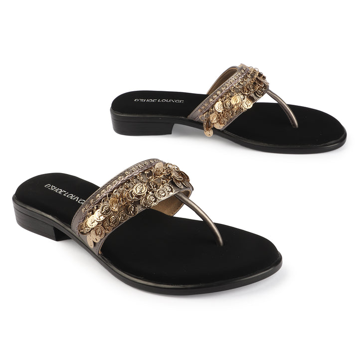 Ethnic Gold Coin Detail Flats