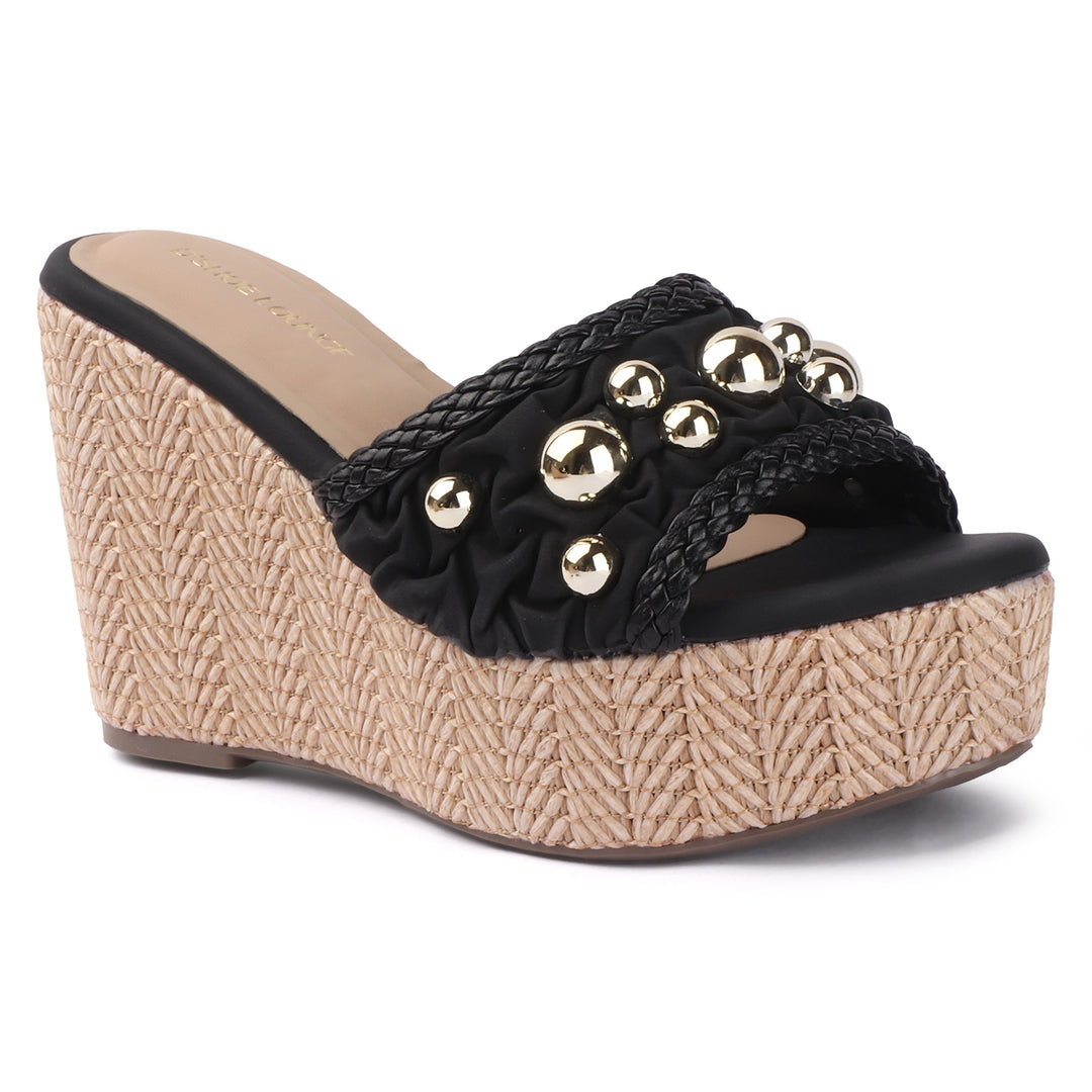 Studded Woven Wedge Mules