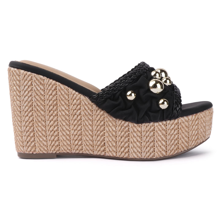 Studded Woven Wedge Mules