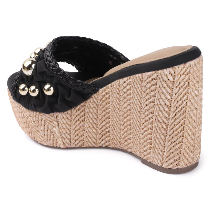 Studded Woven Wedge Mules