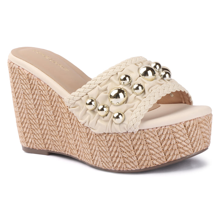 Studded Woven Wedge Mules